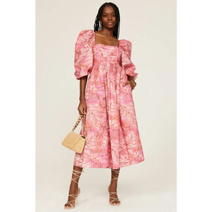 Ulla Johnson Leilani Cotton Puff Sleeve Square Neck A-Line Midi  Dress Pink 8